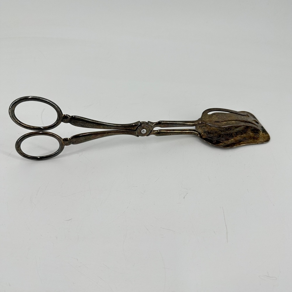 Vintage Italy Silver Plated Scissor Pastry Tongs Etched Floral EP Zinc Server